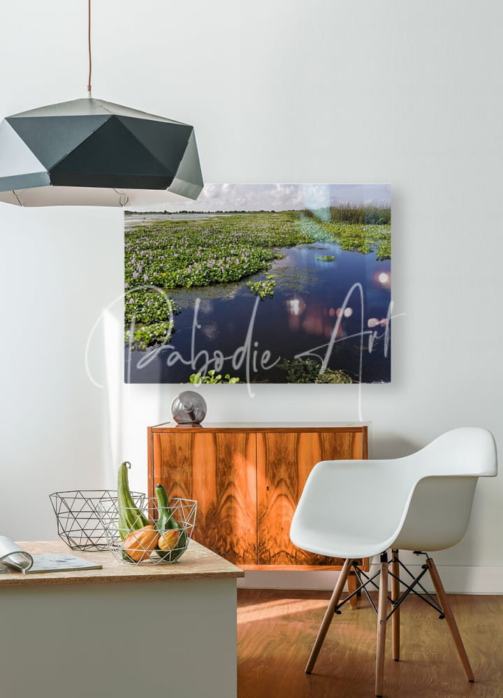 A rectangular canvas print of blue cypress lake featuring a serene waterway and lush green vegetation
