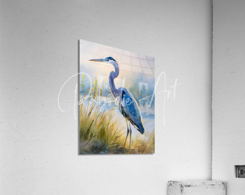 Blue heron beachside rectangular acrylic print featuring a blue heron watercolor painting on a beachside theme