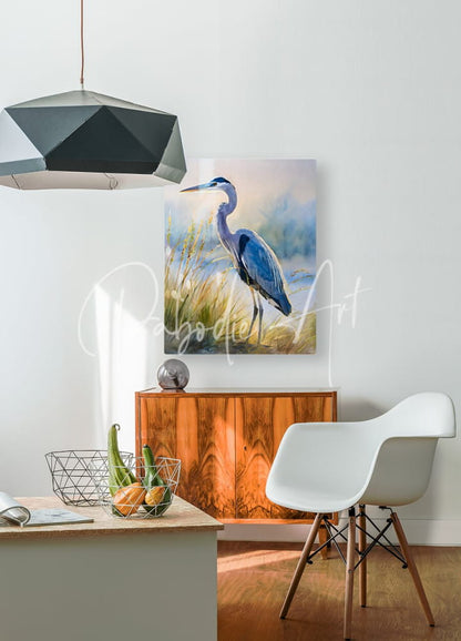 Blue heron beachside painting on canvas featuring a detailed blue heron by the beach in vibrant colors