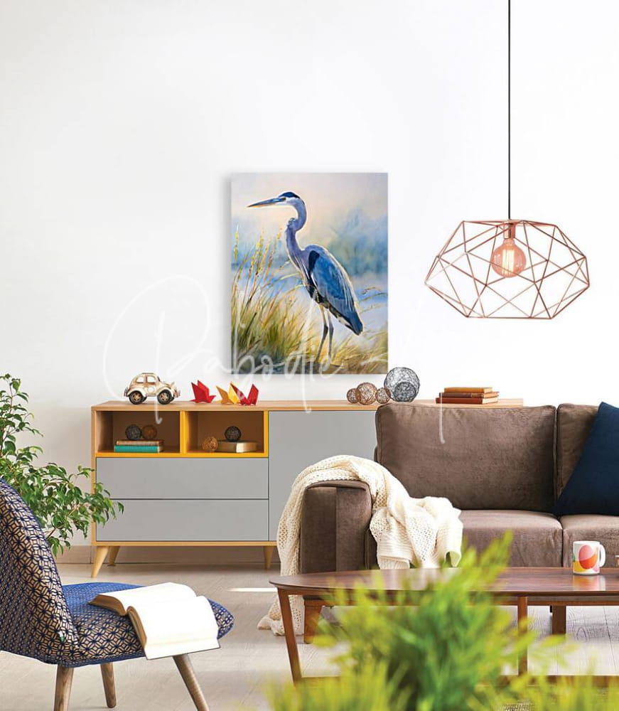 Blue heron beachside canvas painting featuring a detailed blue heron in natural beachside colors