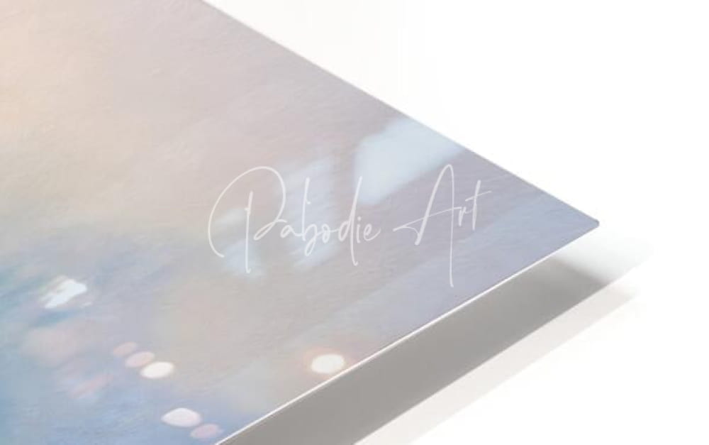 A sleek translucent art print titled blue heron beachside with pastel blue and pink gradient and white cursive pabodie art text