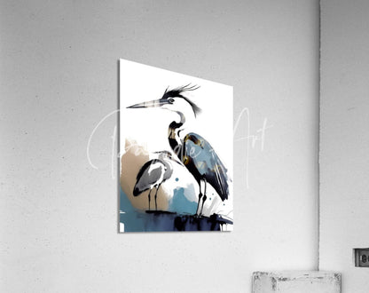 A modern watercolor acrylic print titled the blue heron and the egret featuring two herons in soft blues and grays