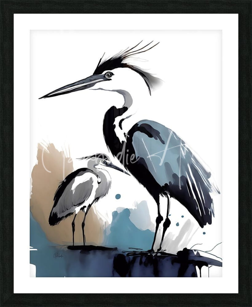 Black-framed artwork featuring a stylized watercolor illustration of two blue and gray herons titled the blue heron and the egret