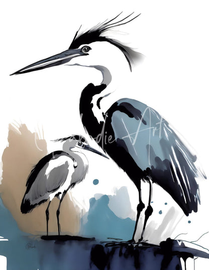 Stylized watercolor illustration of two herons with black white and gray plumage in the blue heron and the egret design