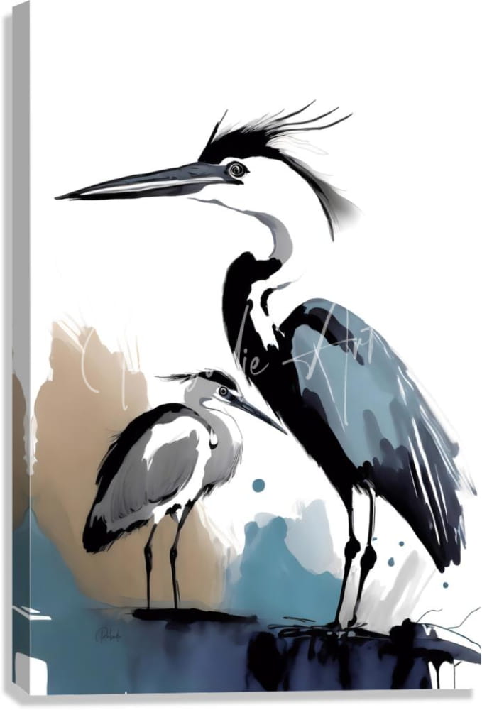 Stylized canvas print of two herons in monochrome ink wash with subtle blue and beige accents titled the blue heron and the egret
