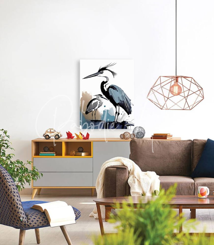 A modern canvas print titled the blue heron and the egret featuring a stylized blue-gray heron with black accents