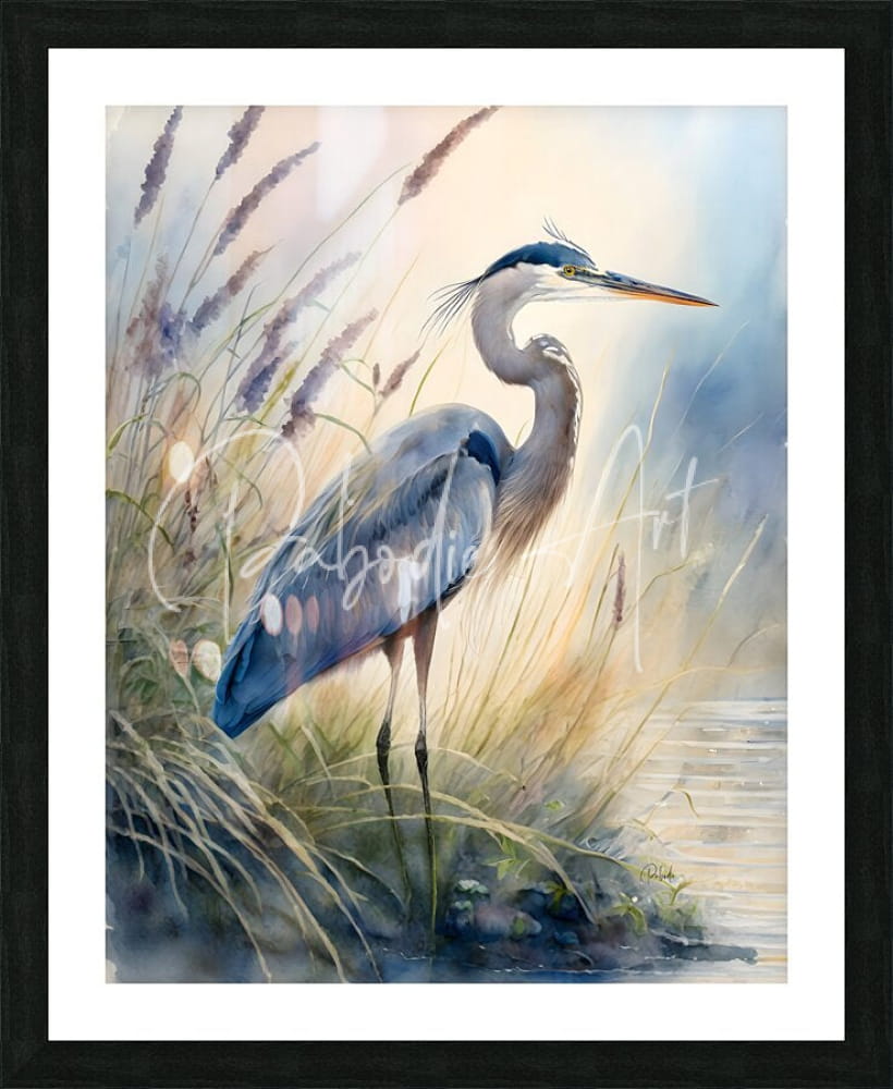 A framed watercolor painting of a blue-gray great blue heron standing in tall grass with purple wildflowers