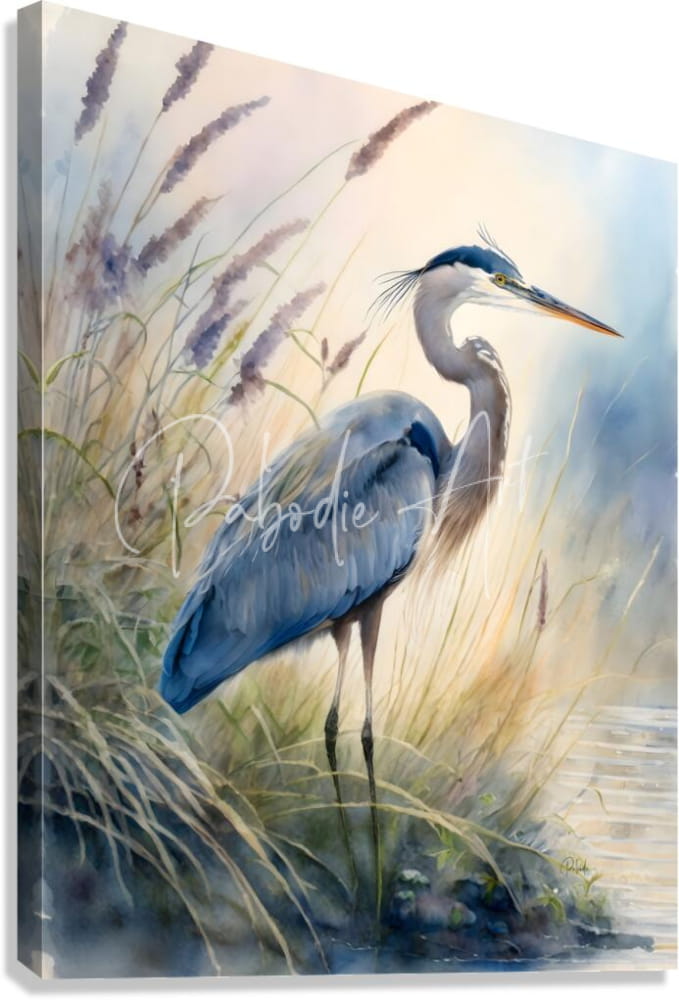 Blue-gray heron painting on stretched canvas titled blue heron in the seagrasses featuring coastal wildlife art