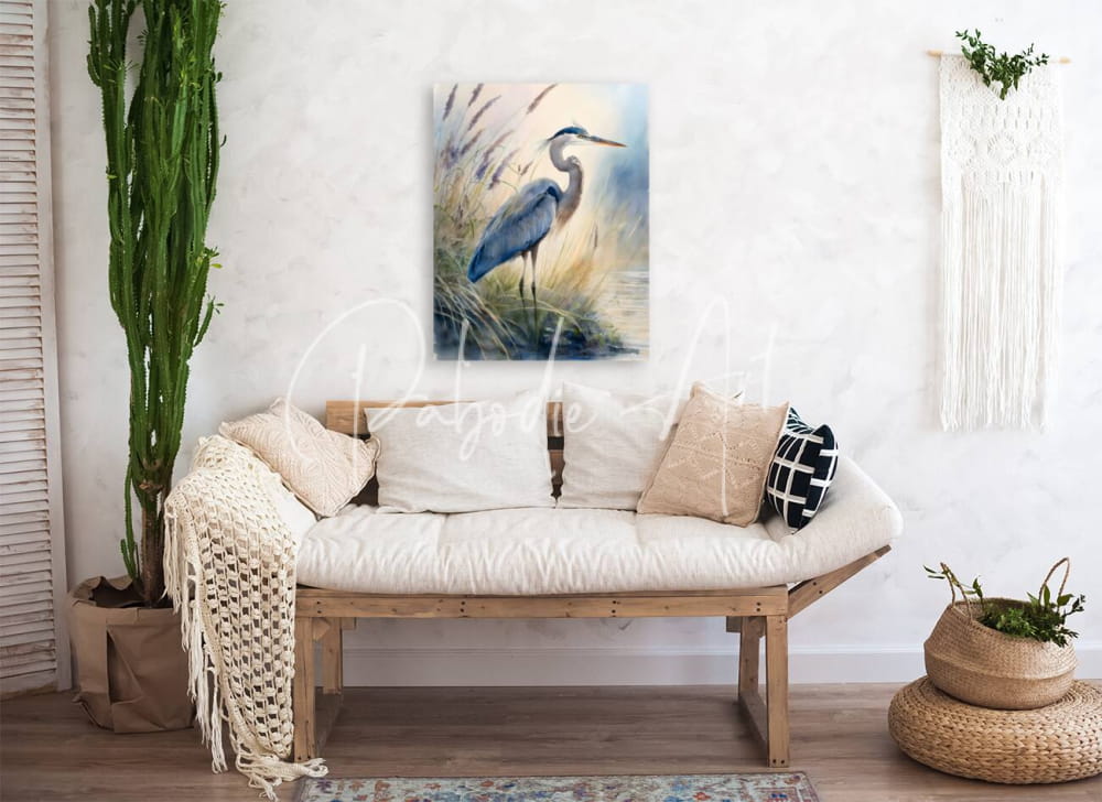 A serene blue heron painting with soft brushstrokes hangs above a wooden bench in blue heron in the seagrasses