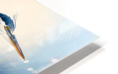 A sleek minimalist canvas print featuring a detailed blue heron with an orange beak and yellow eye titled blue heron in the seagrasses