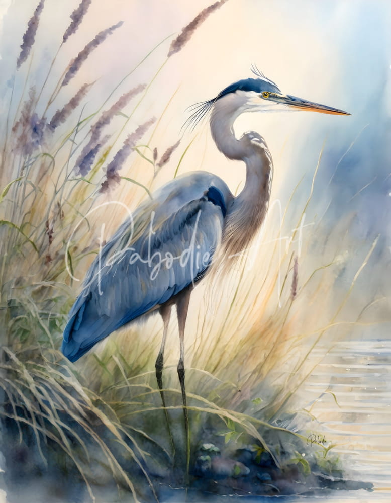 Watercolor painting of a blue-gray great egret standing in tall golden grasses titled blue heron in the seagrasses