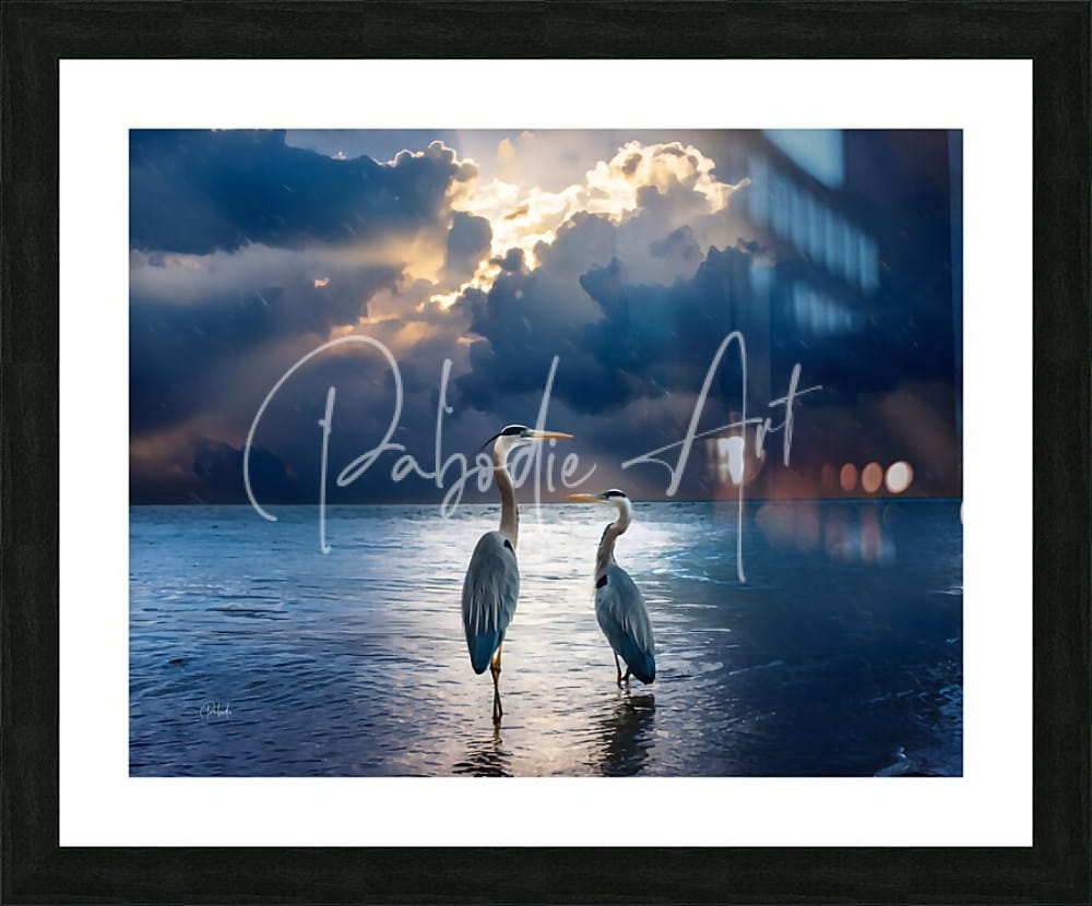 Framed artwork of two elegant gray herons standing in shallow water under a dramatic sky with golden light