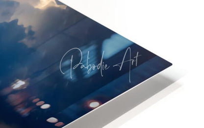 A sleek modern art print titled blue herons at dawn with a deep blue abstract sky and soft bokeh lights signed pabodie art