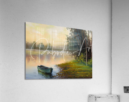 A serene watercolor painting on an acrylic print showing a small green boat resting in calm dawn waters titled the boat along the bank