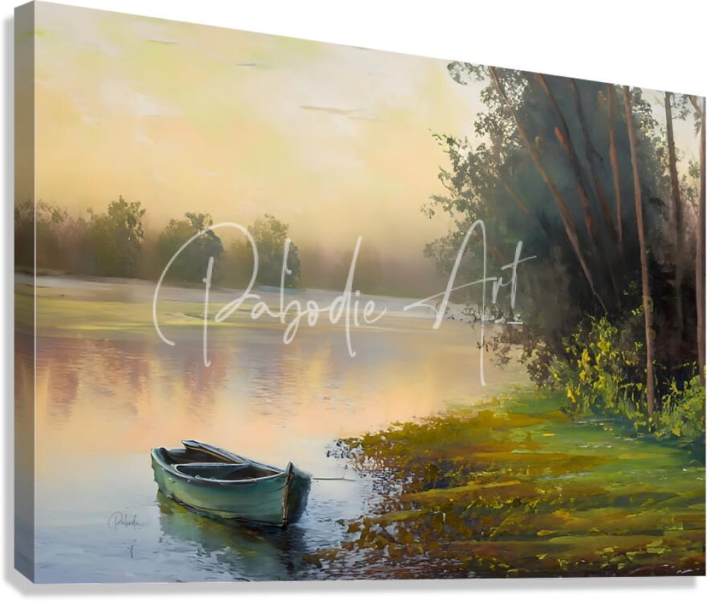 The boat along the bank canvas painting features a weathered teal rowboat on calm water at dawn or dusk