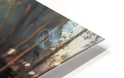 A sleek modern acrylic print titled the boat along the bank featuring a moody forest with tall trees and soft bokeh lights