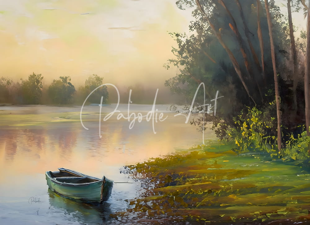 A serene teal wooden rowboat rests gently on calm water by a mossy bank in the boat along the bank product image