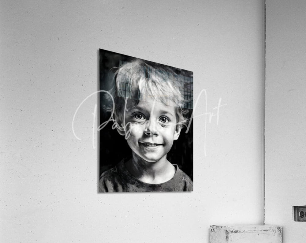 Black-and-white portrait print of a smiling child with tousled hair mounted on a wall in the product bobby