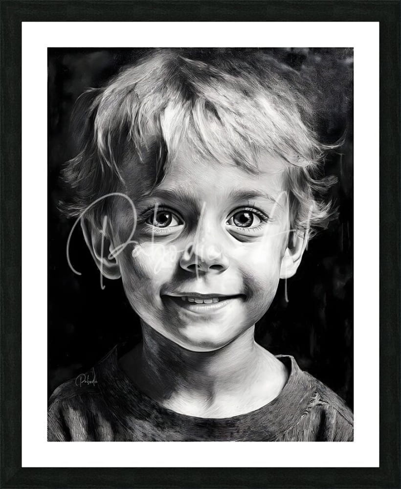 A detailed black and white charcoal portrait titled bobby of a smiling young boy with tousled hair in a sleek black frame