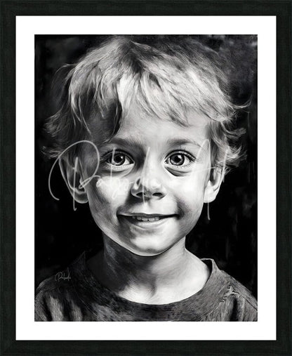 A detailed black and white charcoal portrait titled bobby of a smiling young boy with tousled hair in a sleek black frame