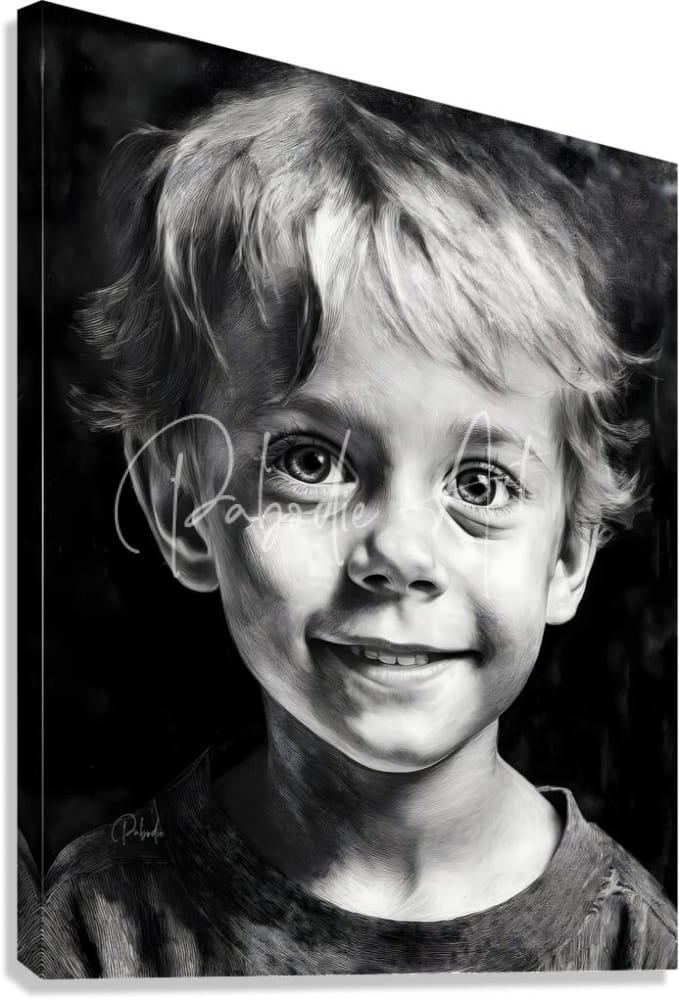 Black-and-white canvas portrait of smiling child with curly hair and expressive eyes titled Bobby