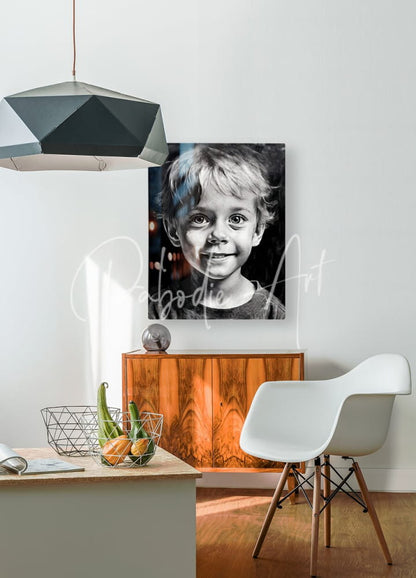 Bobby sleek modern canvas featuring a black-and-white portrait of a smiling child with tousled blonde hair