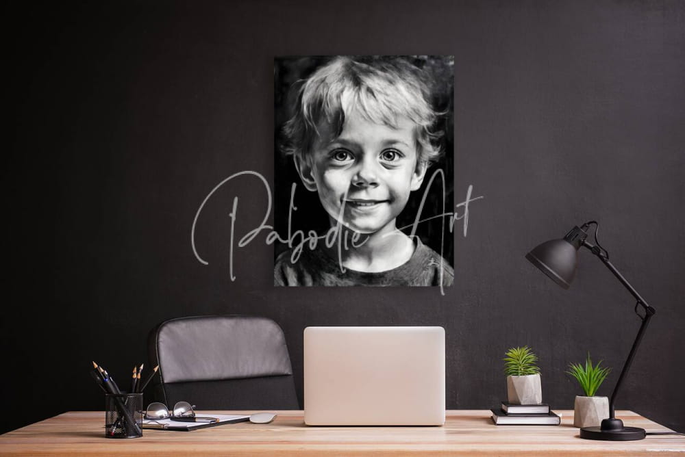 Bobby black-and-white portrait canvas of a smiling child with tousled hair mounted on a dark wall