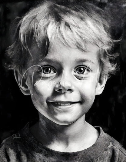 A detailed black and white pencil sketch of a young boy with curly hair and a gentle smile titled Bobby