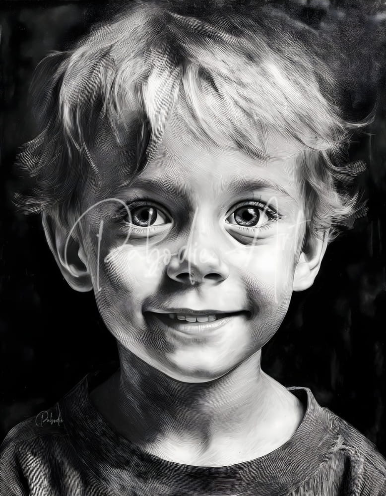 A detailed black and white pencil sketch of Bobby featuring a young boy with curly hair and a gentle smile