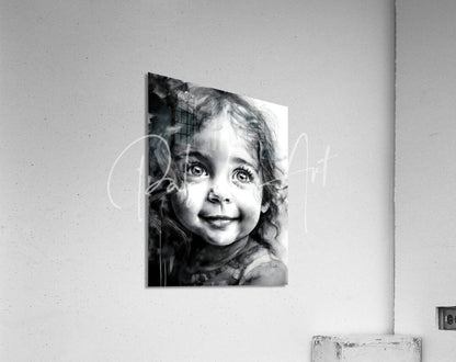 Bottomless eyes acrylic print featuring a black-and-white portrait of a smiling child with curly hair