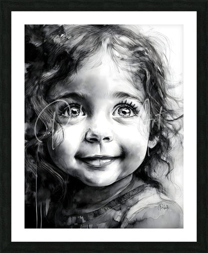 Black and white watercolor portrait of a smiling child in a black frame with white mat from bottomless eyes collection