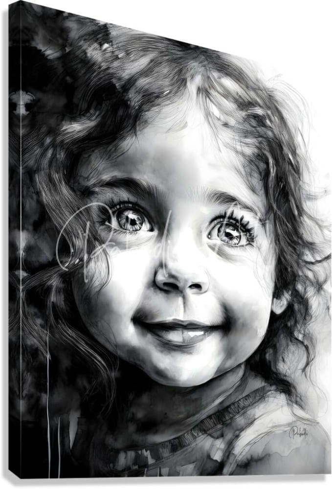 Black-and-white canvas print titled bottomless eyes featuring a smiling child with curly hair and expressive eyes