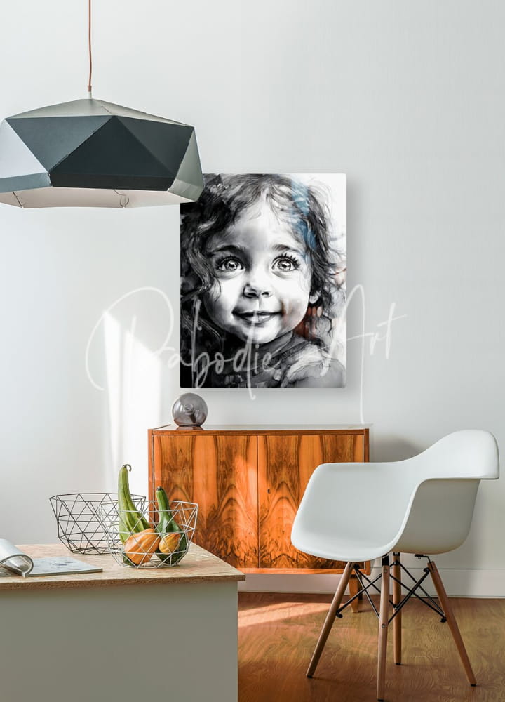 Bottomless eyes black-and-white watercolor portrait of smiling child with curly hair displayed on white wall