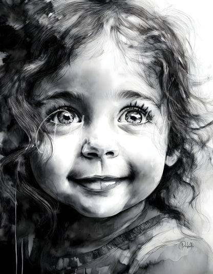 Detailed black and white watercolor portrait of a smiling child with curly hair featured in bottomless eyes product