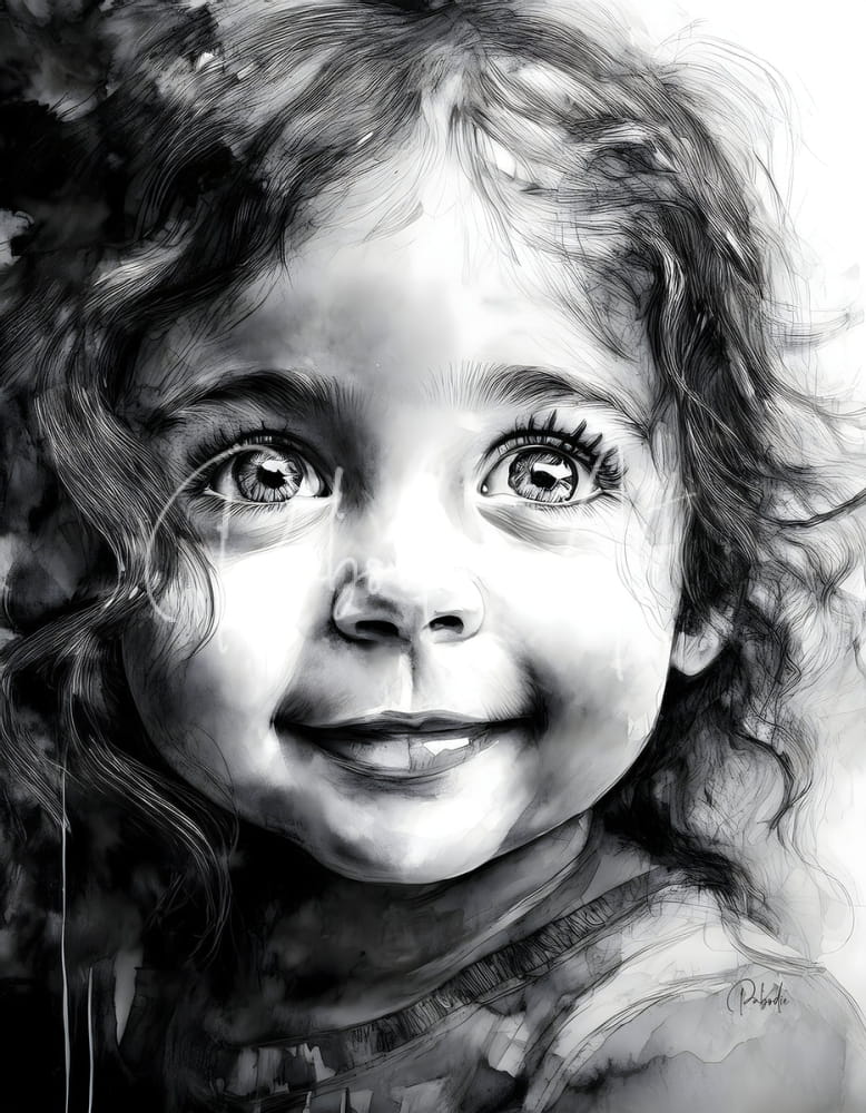 A detailed black and white watercolor portrait of a smiling child with curly hair for bottomless eyes product