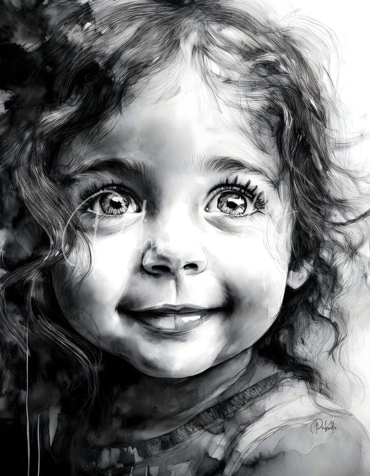 A detailed black and white watercolor portrait of a smiling child with curly hair for bottomless eyes product