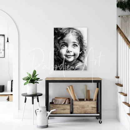 Black-and-white canvas print titled bottomless eyes of a smiling child with curly hair mounted on a wall