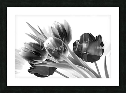 Black and white framed artwork featuring a stylized bouquet of tulips with soft painterly textures titled breezy blooming tulips
