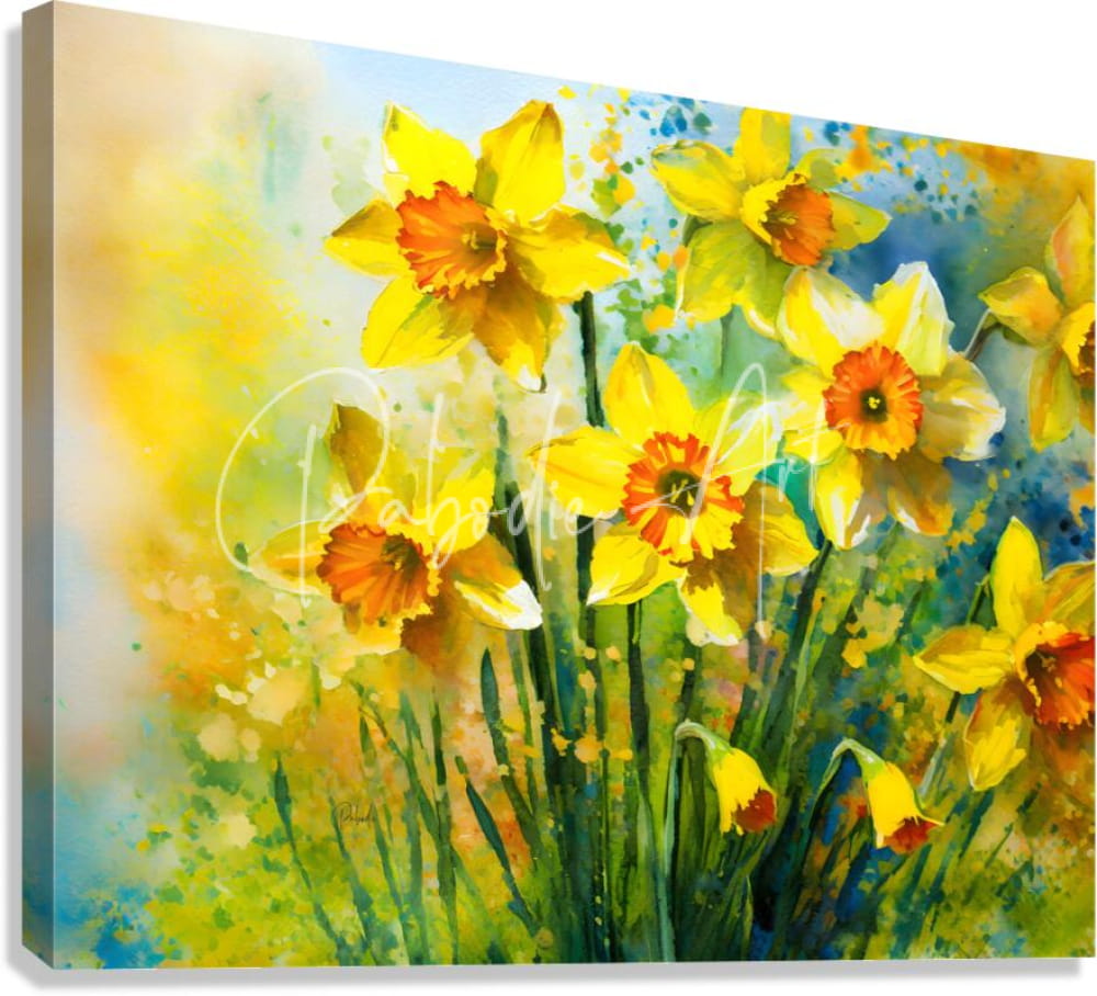 Bright daffodills stretched canvas watercolor painting featuring vibrant yellow daffodils with orange centers blooming