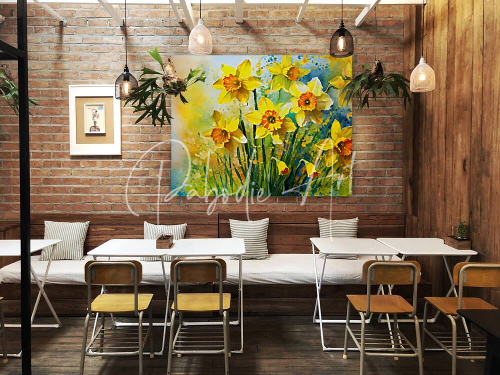 Bright daffodills large colorful canvas painting featuring vibrant yellow daffodils in full bloom on a brick wall