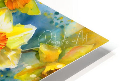 Bright daffodills vibrant watercolor print of yellow and orange daffodils on blue background framed in sleek white
