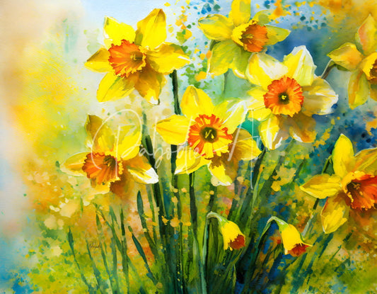 Bright daffodills vibrant watercolor painting of yellow daffodils with orange centers and green stems in soft style