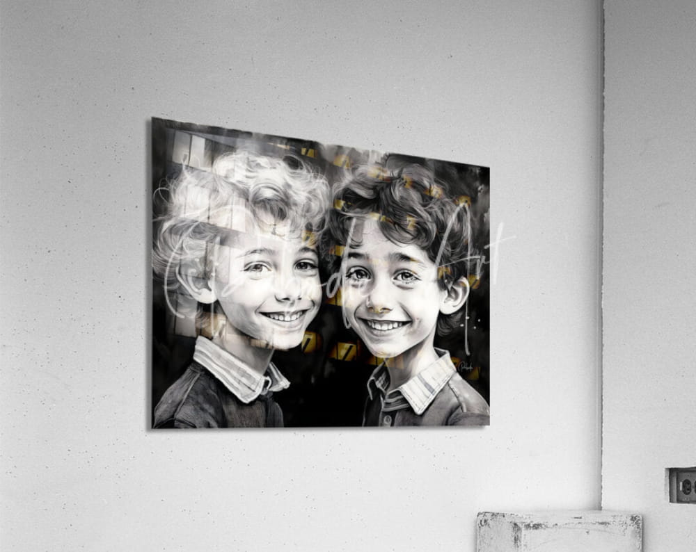 Black-and-white portrait print of two smiling children on a rectangular acrylic wall art panel titled brother buddies