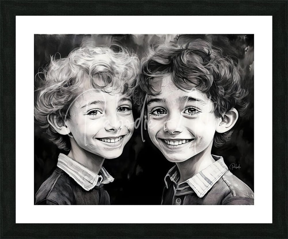 Black and white framed pencil sketch portrait of two smiling curly haired boys in brother buddies product