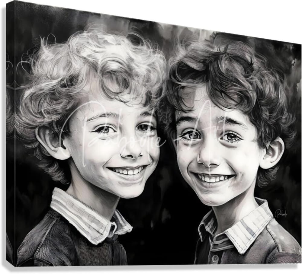 Black-and-white canvas print Brother Buddies featuring detailed portrait of two smiling boys with curly hair and collared shirts