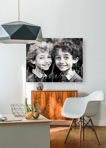 Black and white canvas print of two smiling children with curly hair framed in a minimalist style titled brother buddies