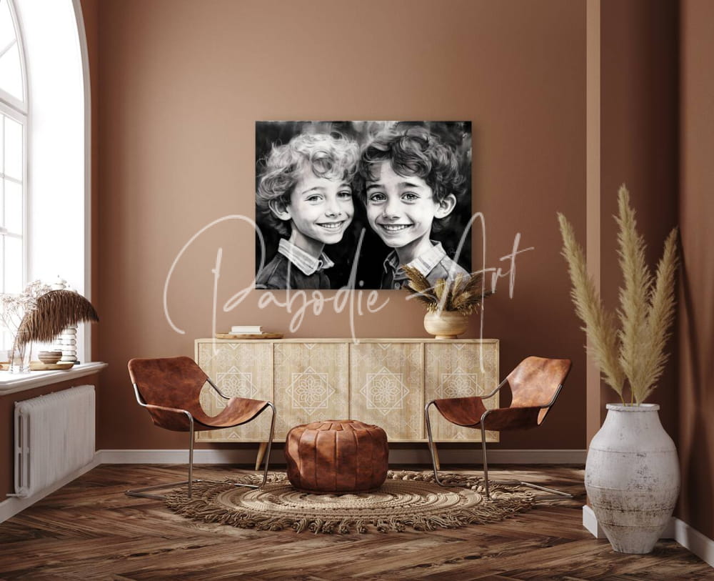 Black-and-white portrait of two smiling children hanging on a brown wall in brother buddies product frame