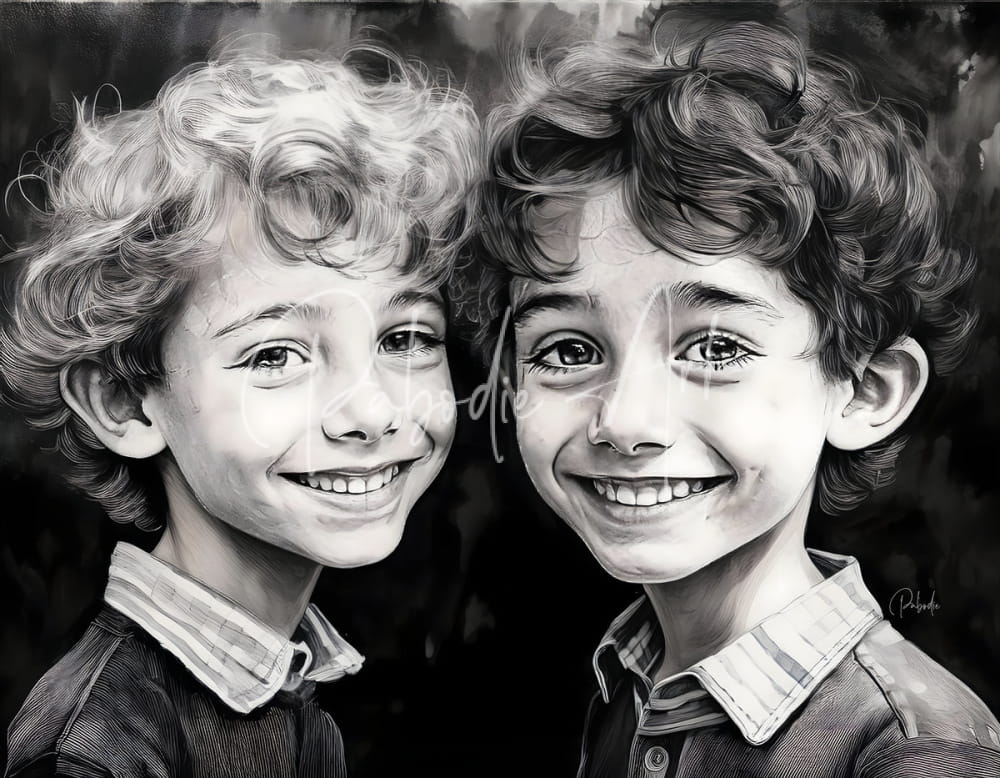 A detailed black and white portrait of two smiling boys with curly hair wearing collared shirts for brother buddies