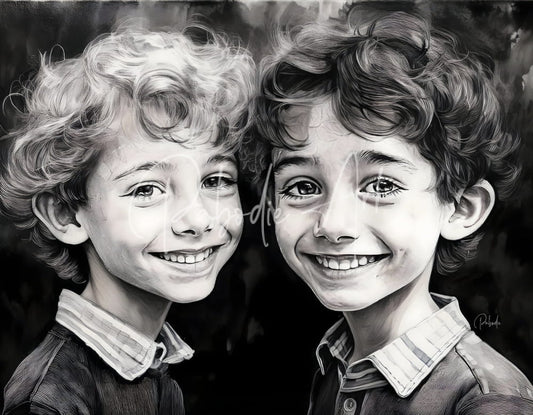 A detailed black and white portrait of two smiling boys with curly hair wearing collared shirts for brother buddies