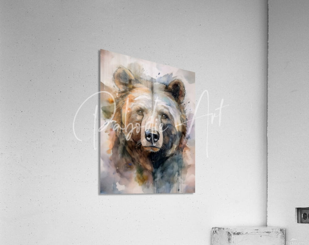 Watercolor-style canvas print of a brown bear in earthy tones on an acrylic wall panel titled brown bear inkwash